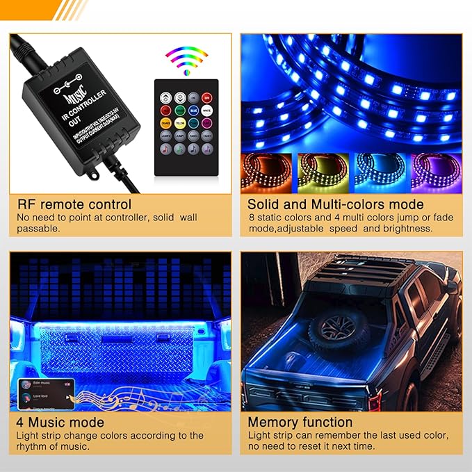 GOOACC RGB Truck Bed Light Strip 3PCS 60" 270 LEDs Neon Accent Lighting with RF Remote On/Off Switch Splitter Extension Cable for 12-Volt Car Cargo Pickup SUV RV Boat
