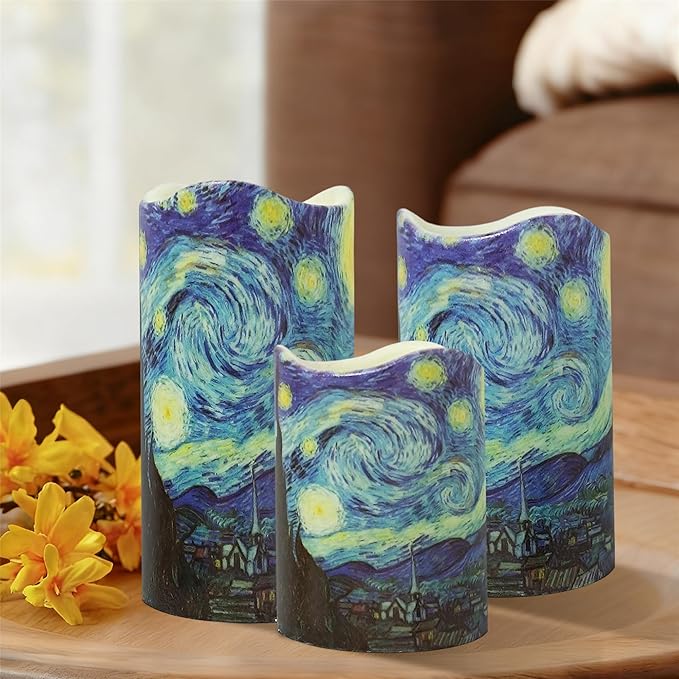 Remote Flameless Candles 4" 5" 6" - Set of 3 Van Gogh Starry Night Design LED Pillar Candles Battery Operated with Timer for Home Decor Indoor Outdoor,PLT3P-StaNit