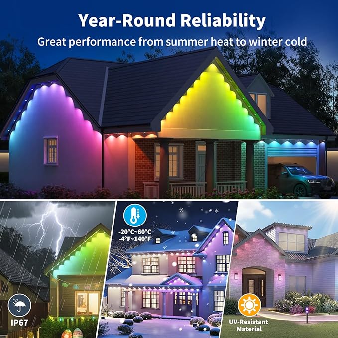XINKAITE 100FT Permanent Outdoor Lights with 50 LEDs - Smart RGB+IC with 16 Million DIY Colors, IP67 Waterproof, App & Remote Control, Hundreds of Dynamic & Scene Modes for Holidays, Christmas & Home