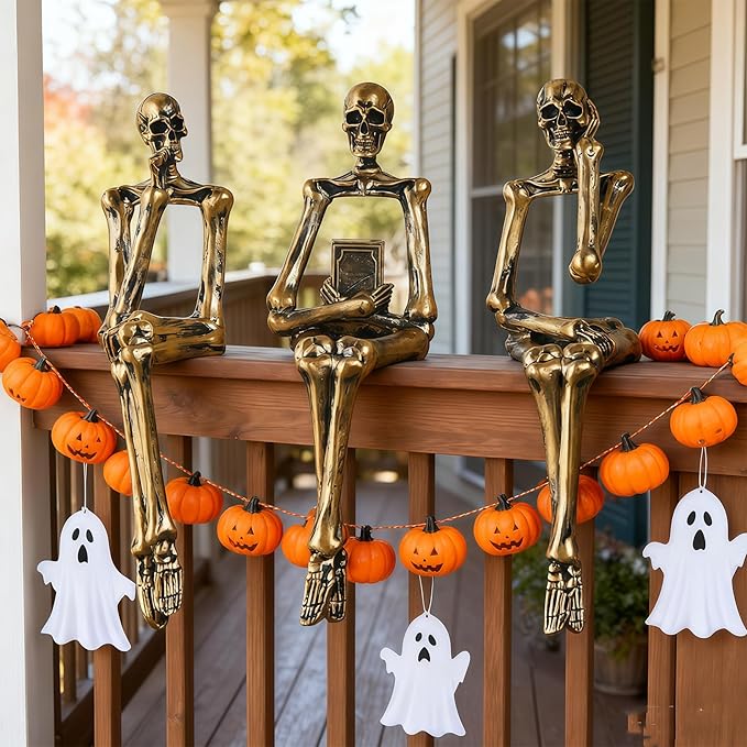 XINXUAN Halloween Decorations Skull Statue Home Decor - Modern Bookshelf & Desk Decor - 3 Piece Set (Retro - Gold)
