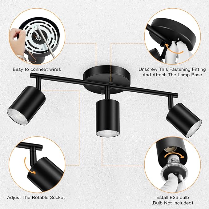 BoostArea LED 3 Light Track Lighting Kit, Black 3 Way Ceiling Spot Lighting, Flexibly Rotatable Light Head for Kitchen, Living Room, Bedroom, GU10 Bulb Not Included