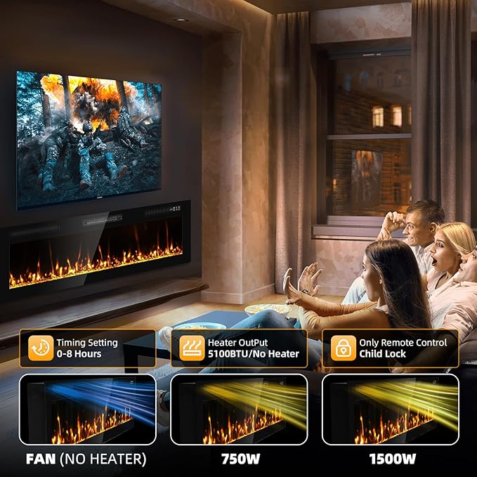 2025Upgraded 50” Electric Fireplace Recessed and Wall Mounted Fire Places Ultra Thin Narrow Beleze with Remote Control, Screen Control, Adjustable Flame Colors and Speed