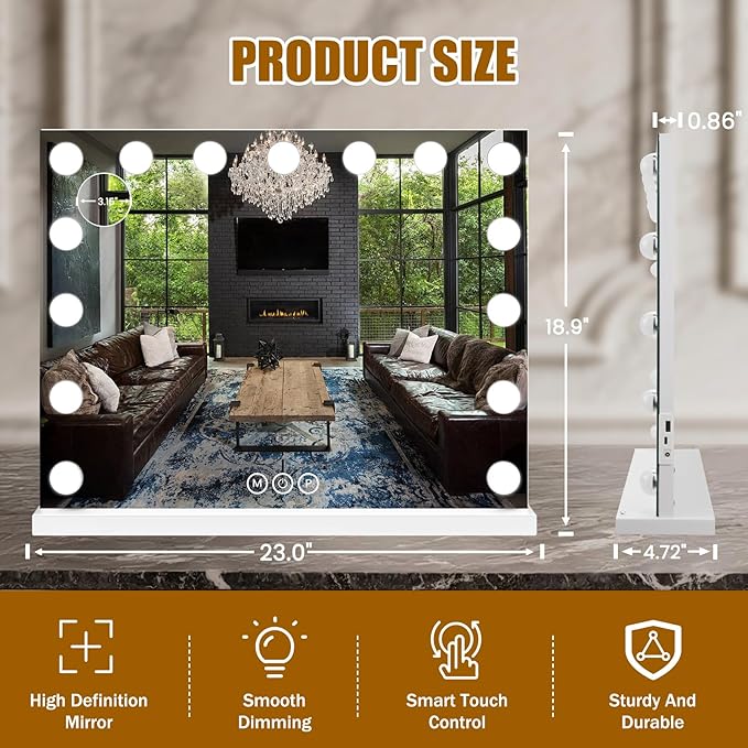 Vanity Mirror with Lights, 23"×18" Large Hollywood Makeup Mirror with 15 Dimmable Bulbs, 3-Color Lighting, Dimmable, 10x Magnification, Desk Mirror, Bedroom (White)