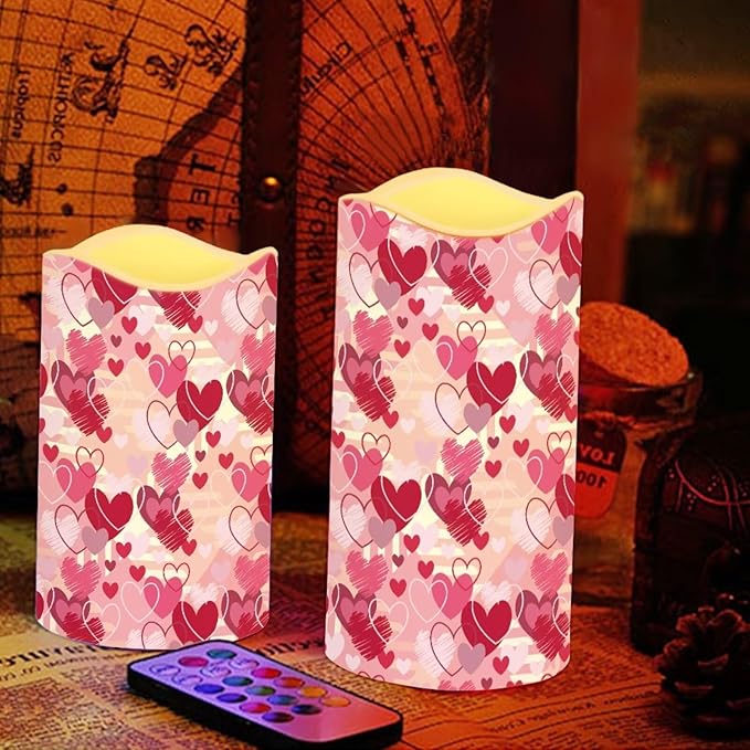 Pink Heart Theme Plastic Flameless Candles with Remote Control and Timer LED Flickering Battery Electric Pillar Candles for Table Valentine's Day Decoration