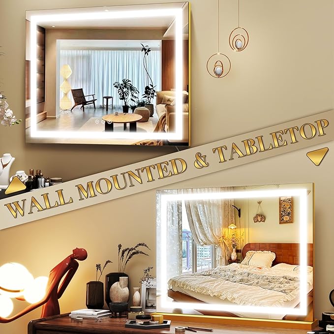 ROLOVE Gold Vanity Mirror with Lights 23x18 Inch, 3-Color Dimmable LED & Touch Control - Large Makeup Mirror for Dressing Room (Wall/Tabletop Mount)