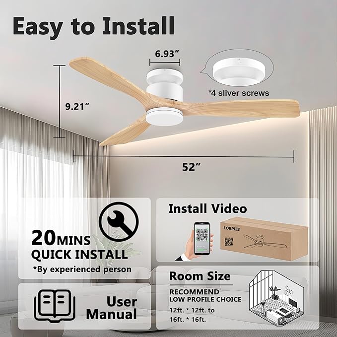 52 Inch Smart Flush Mount Ceiling Fans with Lights Remote,Wood Outdoor Indoor Ceiling Fan,WIFI Alexa App Control,Quiet DC Motor,Modern Low Profile Fan LED Lighting for Bedroom Patio,White & Light Wood