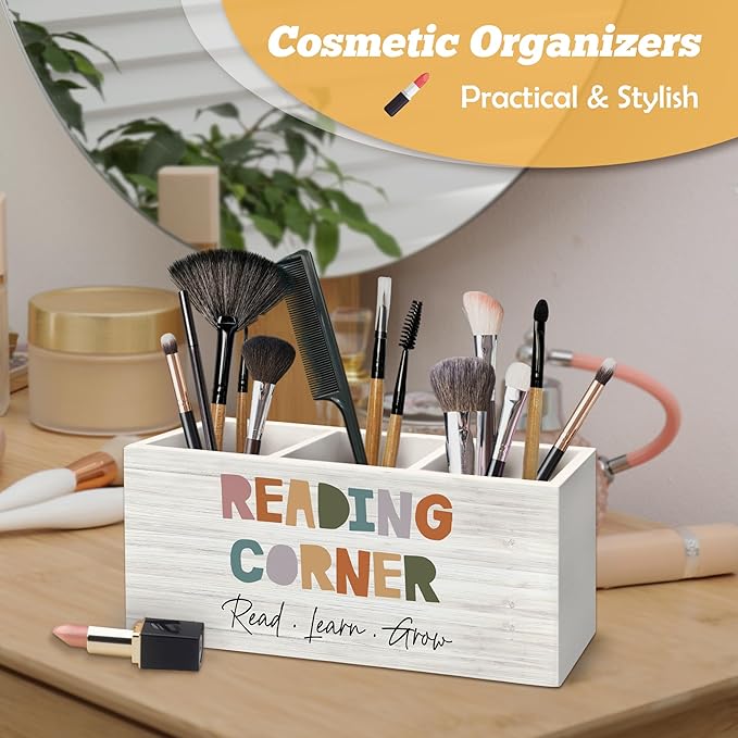 Boho Reading Corner Pen Holder Organizer for Desk Accessories, Boho Classroom Reading Wooden Box Desk Decorations for School Kids Room Bedroom Decor, Book Lovers Reader Bookish Gifts