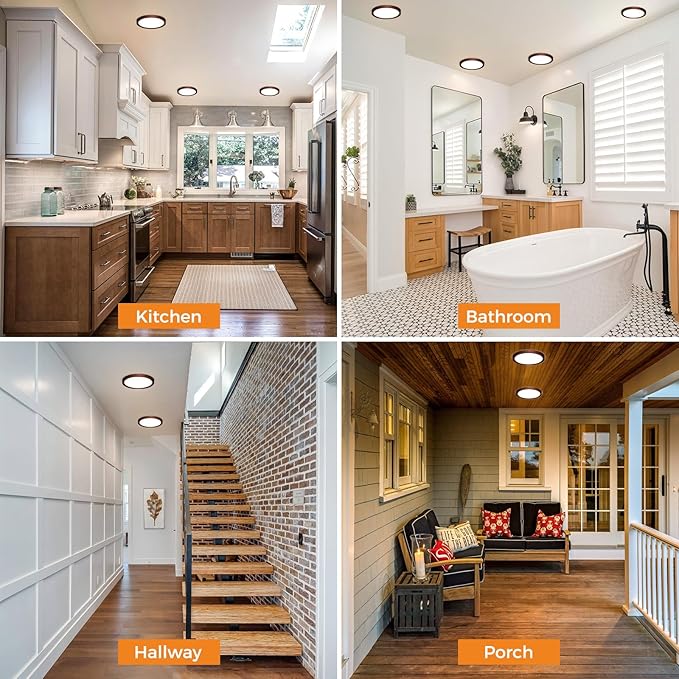 8PACK LED Flush Mount Ceiling Light Fixture, 3000K-4000K-6500K & 100W Equivalent Modern Kitchen Recessed Ceiling Lamp 15W 1500Lm 7.5 Inch Closet Round Surface for Bathroom Laundry-Oil-Rubbed Bronze