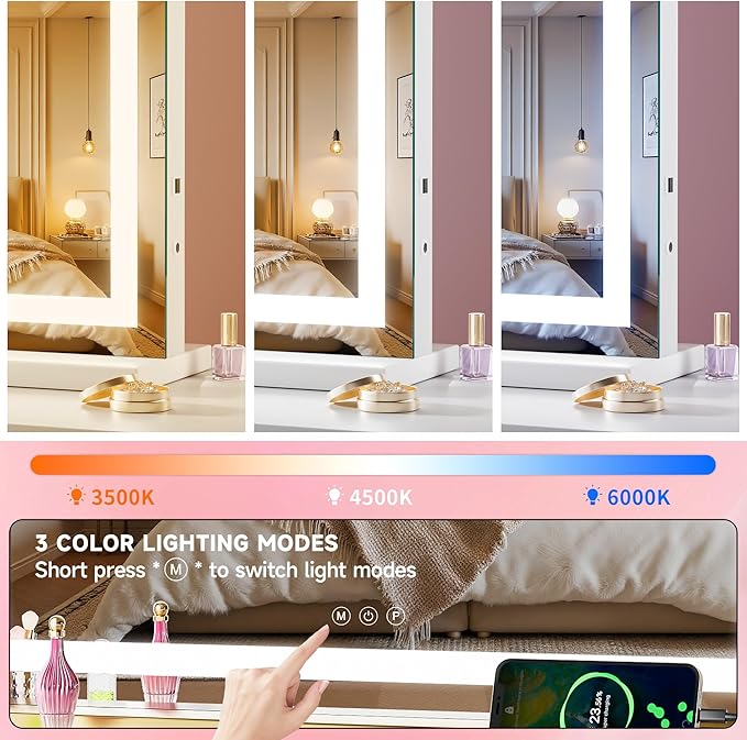 Vanity Mirror with Lights, 32" x 22" LED Makeup Mirror with 10X Magnification, Dimmable 3 Modes, Memory Function, Smart Touch, USB Charging Port, Lighted Makeup Mirror Square White