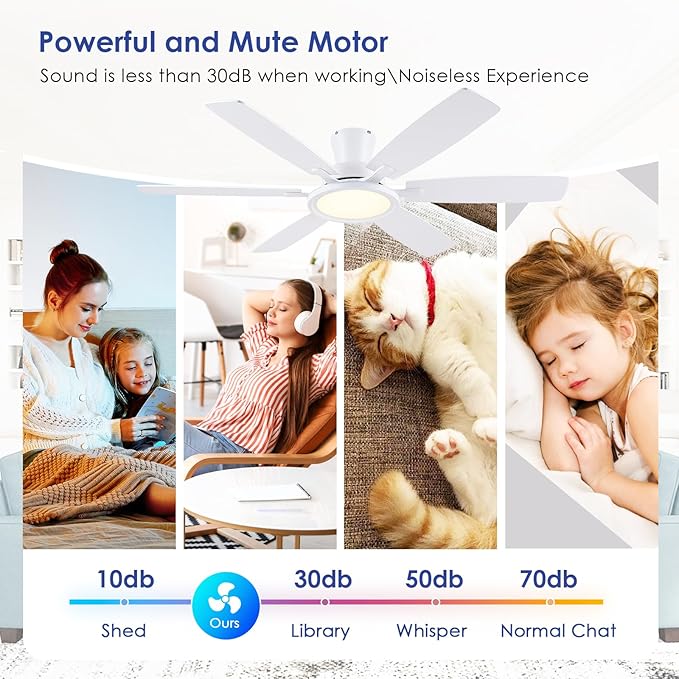 55In Flush Mount Ceiling Fan with RGB Light - White Modern Ceiling Fan with 6 Dual-Sided Blades, Reversible DC Motor, Low Profile Fan Light Fixture for Indoor Bedroom, Outdoor Patios