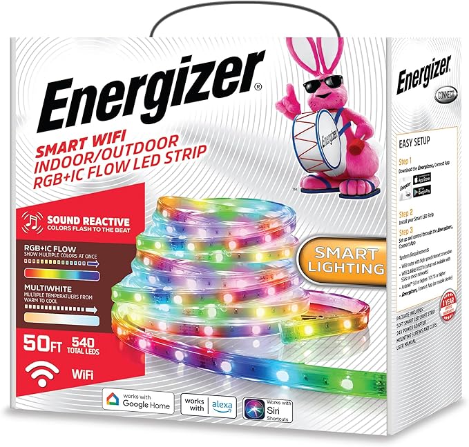 Energizer Smart Indoor & Outdoor RGB+IC+WW LED 50 Foot Light Strip, Sound Reactive, IP65 Waterproof, Remote Access App & Voice Control with Alexa, Siri, Google, Grouping, Scheduling, Wi-Fi No Hub