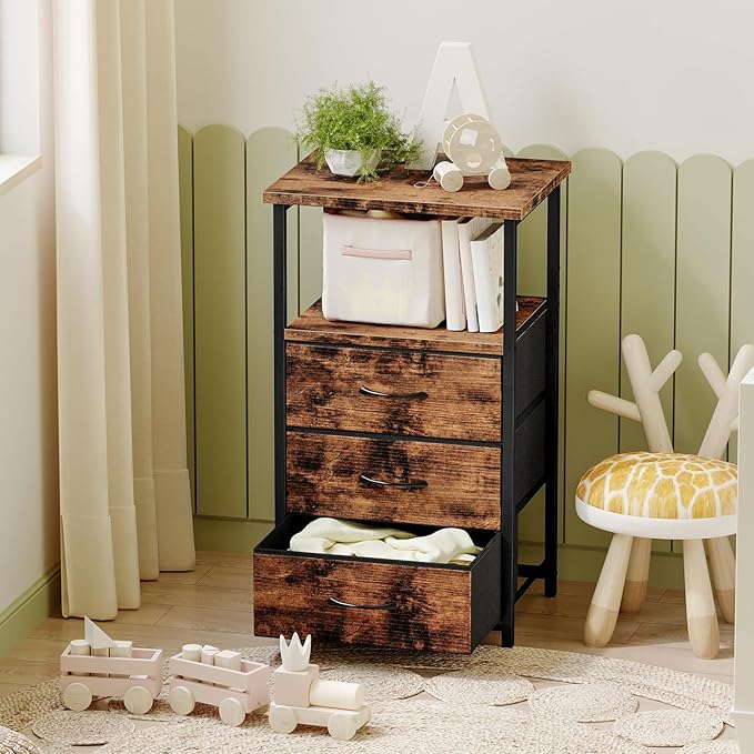 Fixwal Night Stand with 3 Fabric Drawers, Nightstand for Bedroom, Bedside Table with Charging Station End Table with Storage, Rustic Brown (Pack of 2)