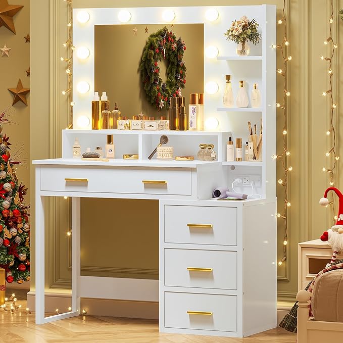 Tiptiper White Makeup Vanity with 10 Light Bulbs, Modern Vanity Desk with Mirror & 3 Lighting Modes, Vanity Table with 2 USB Ports and Outlets, Makeup Desk with Nightstand, Storage Shelves and Drawers