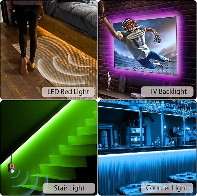 Motion Sensor LED Light Strip 2 x 10ft Under Bed Lights, RGB 3 Mode Motion Activated Bed Light with Music Sync and Timer, Dimmable Color Changing LED Lights for Bedroom
