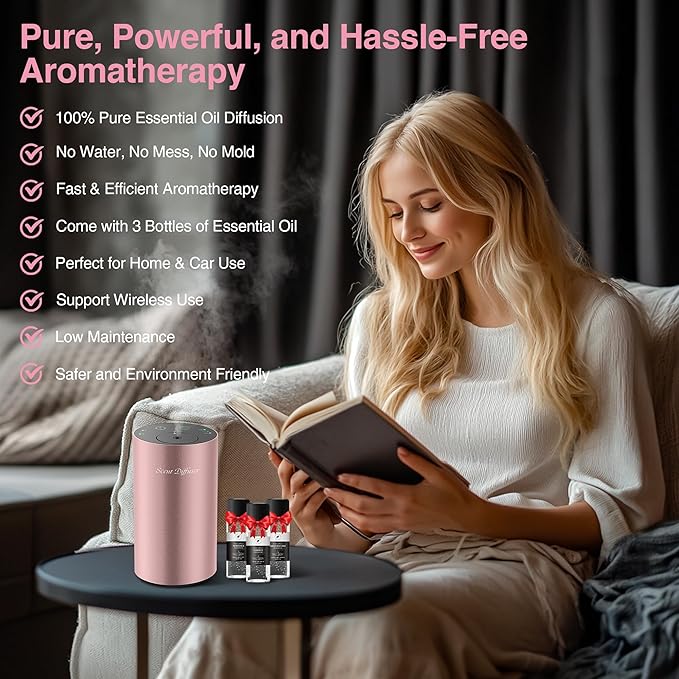 Waterless Essential Oil Diffuser Starter Kit - No Water Needed, Battery Operated Mini Scent Air Machine, Included 3x20ML Essential Oils, Portable Aromatherapy Diffuser for Home & Car & Office, Pink
