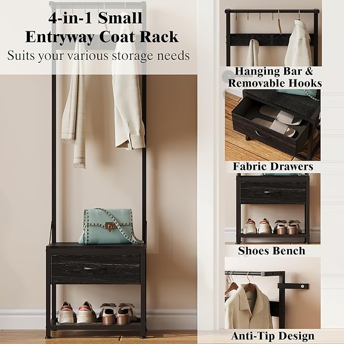 LUMTOK Hall Tree with Shoes Bench, Small Coat Rack with Fabirc Drawer and Shelf for Bedroom, 4-in-1 Entryway Organizer with Shoes Stool for Living Room, Entryway, Closets (Rustic Brown) (Black, Small)