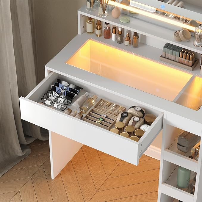 Makeup Vanity Desk with Mirror and Lights, LED Tempered Glass Top, 3 Lighting Modes Brightness Adjustable,Power Outlet,Bedroom Dressing Table, Snow White