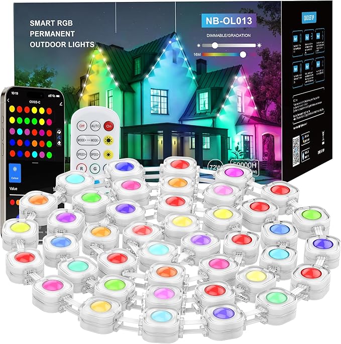 Permanent Outdoor Lights, 100ft Smart RGB+IC Outdoor Light, IP67 Waterproof 72 LED Eaves Lights, Year-Round Outdoor Lighting for New Year, Holiday, Daily Lighting, Christmas, APP/Voice/Remote/Control