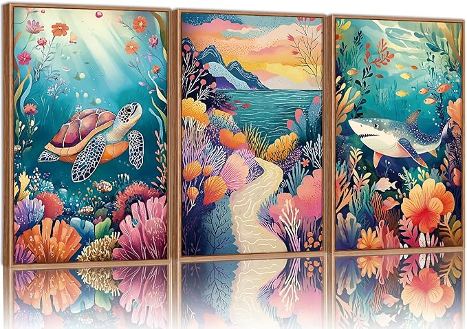 YeeHomedec Large Tropical Ocean Themed Framed Canvas Wall Art, Sea Turtle Shark Wall Decor, Coastal Nature Landscape Art Print, Marine Life Poster for Kids Nursery Classroom Playroom Bedroom 16"x24"x3