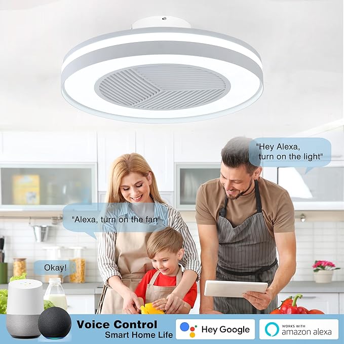Smart Low Profle Ceiling Fans with RGB Lights Remote/APP/Voice Control, 20" Bladeless Ceiling Fans with 6 Speeds, Timer, Quiet DC Motor, Ceiling Fan with Light for Kids Bedroom/Living Room