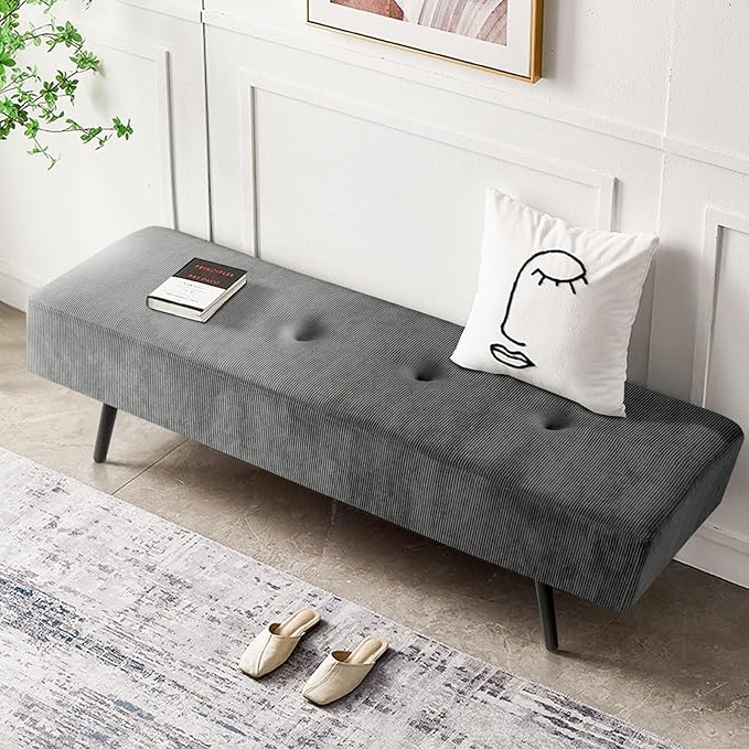 Entryway Bench - Grey Bench for Bedroom, Modern Ottoman End of Bed, Corduroy Padded Benches for Living Room, Foyer, Mudroom, Hallway - 39" L x 14" W x 17" H