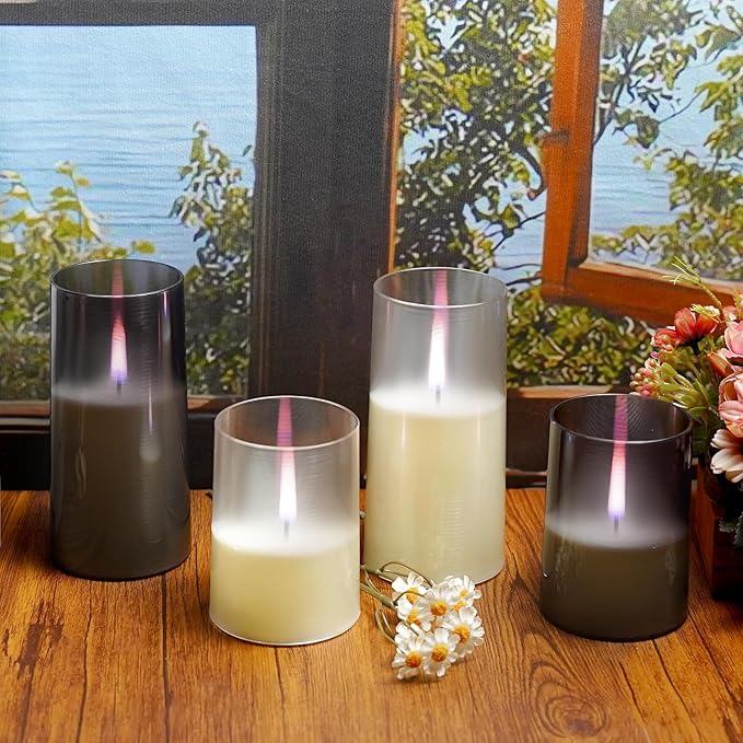 Flameless Candles Upgraded Realistic Flickering Flame,Battery Operated LED Candles with Remote Timers,Acrylic Electric Candles Set of 3(D 3" xH 4" 5" 6")（Grey）