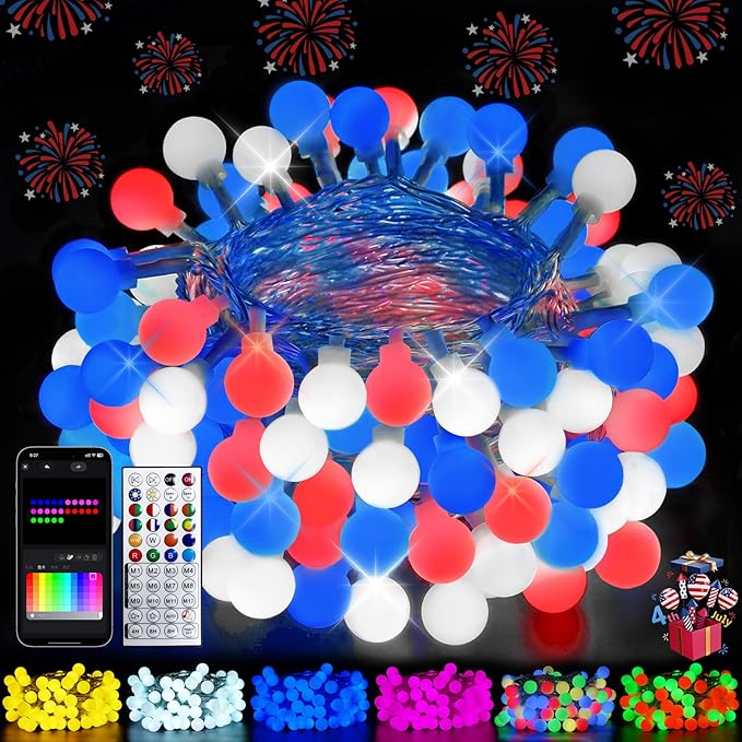 2026 46ft Smart Color Changing Red White and Blue String Lights Outdoor Indoor | 100LED 4th of July Decorations App Control with Remote, Globe Patriotic Light Plug in for Independence Day Memorial Day