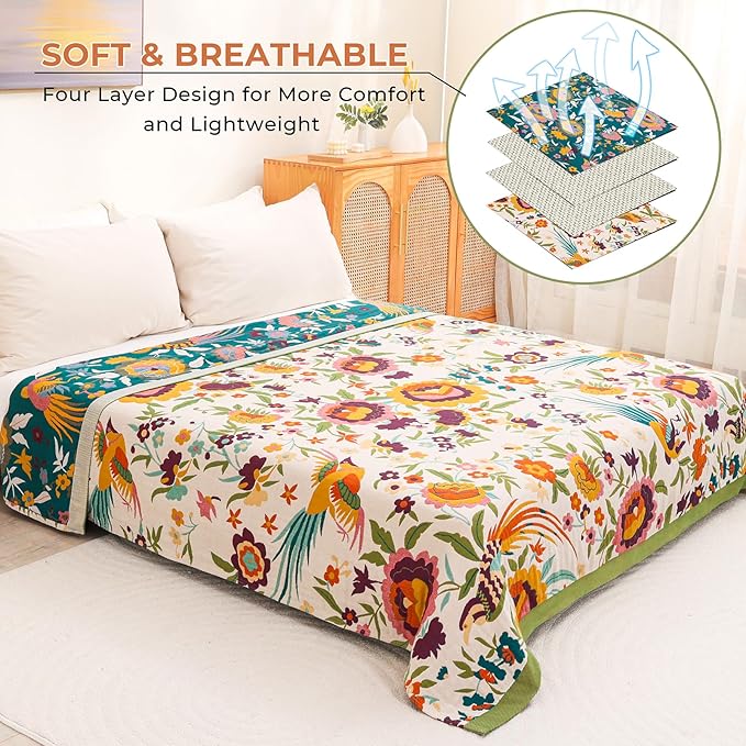Boho Throw Blanket for Bed Couch 100% Cotton Ultra Soft Large Rustic Quilt King Blanket,Bird Floral Printed Farmhouse Bed Blankets 90"×98", Decorative Reversible Muslin Bed Cover for All Seasons