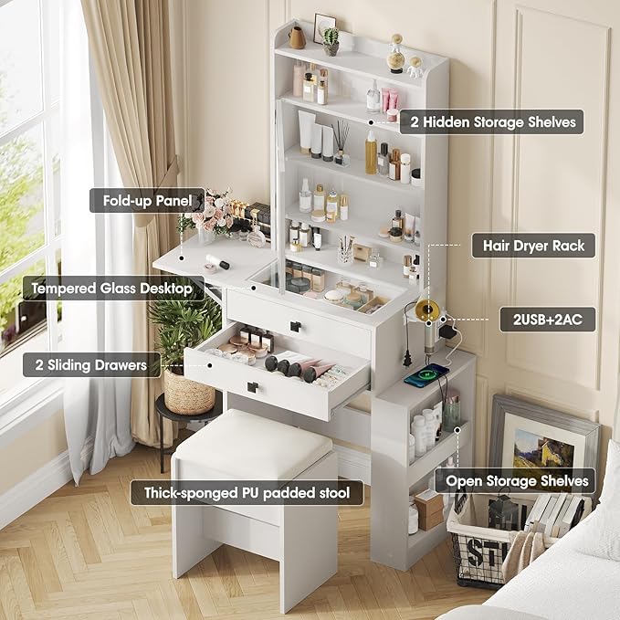 Vabches Small Makeup Vanity Desk with 3 Adjustable Lighted Mirror, White Vanity Set with Fold-up Panel and Charging Station, Glass Top Dressing Table with Drawers and Chair, 2 Hidden Storage Shelves