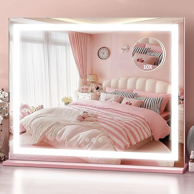 ROLOVE 23"x 18" Pink Vanity Mirror with Lights, Large Lighted Makeup Mirror with 10X Magnifier, 3 Color Lighting & Stepless Dimming, Wall Mounted or Tabletop Desk Mirror for Teen Girls