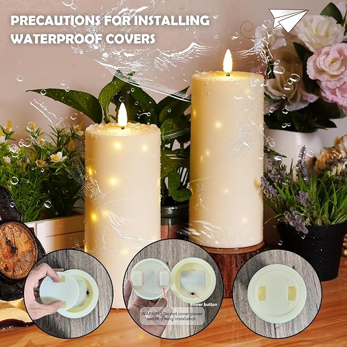 10" x 4" Large Outdoor Waterproof Flickering Flameless Candles with Timer,4Pcs Battery Operated LED Pillar Candles with Embedded Star String for Outdoor Lanterns,Porch,Patio Decor(Ivory)