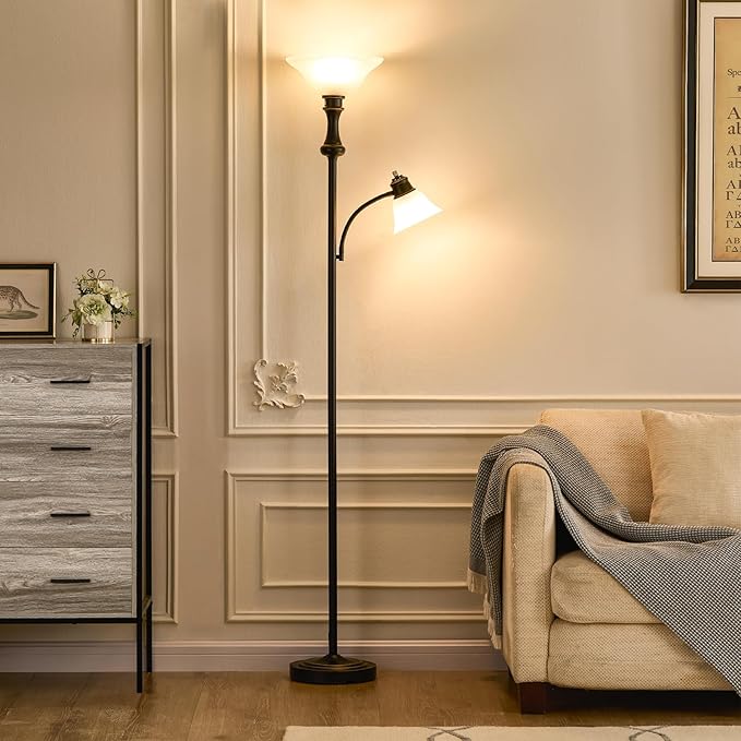 71'' Floor Lamps for Living Room, Tall Floor Lamp for Bedroom with Adjustable Angle Arc Reading lamp, Modern Torchiere Standing lamp with Glass Shade, Knob Switch, Bulb Included, Black