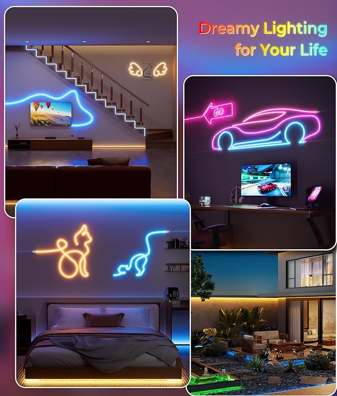Led Neon Rope Lights - Flexible Led Control with App/Remote Rope Lights 16.4FT Multiple Modes RGB IP65 Waterproof Outdoor Neon Music Sync Gaming Strip for Christmas Decor Indoor/Outdoor