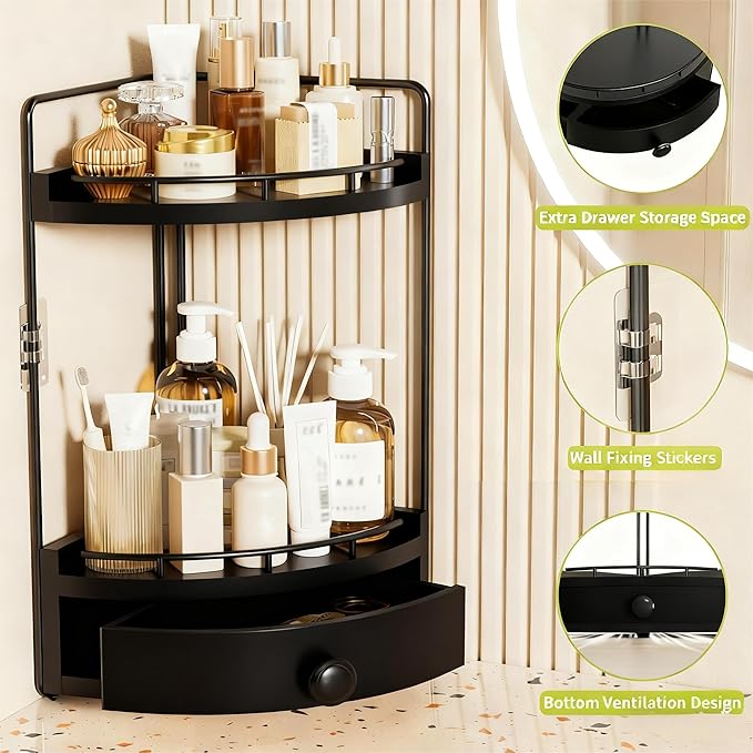 2-Tier Corner Bathroom Countertop Organizer with Drawer, Wooden Vanity Organizers for Makeup and Skincare Storage, Corner Counter Shelf with Embedded Screw Holes, Black