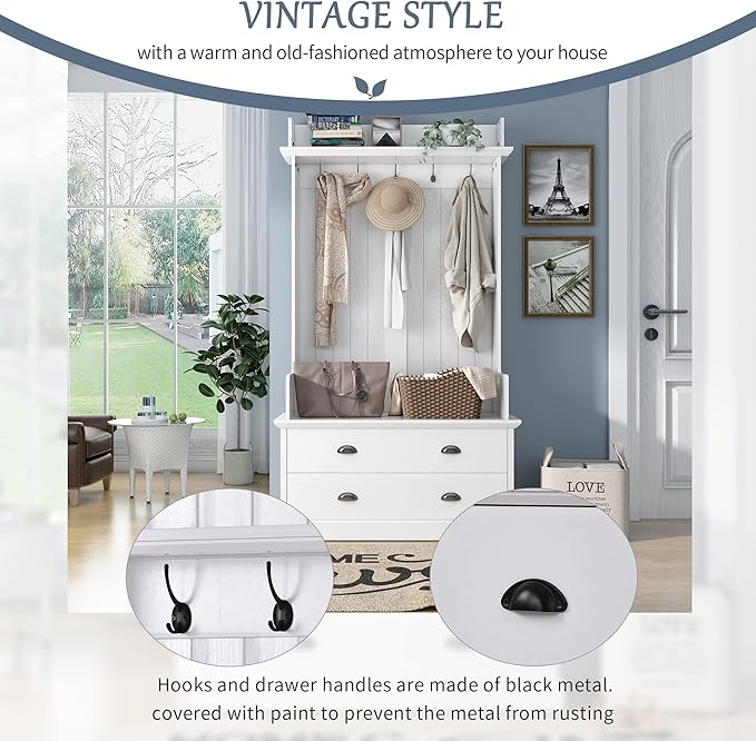 RUNNA Wooden 38.5" Wide Hall Tree with Coat Rack and 2 Large Drawers,Bench,5 Metal Hooks and Handles,For Livingroom Hallway Entryway Use (White@Drawers)