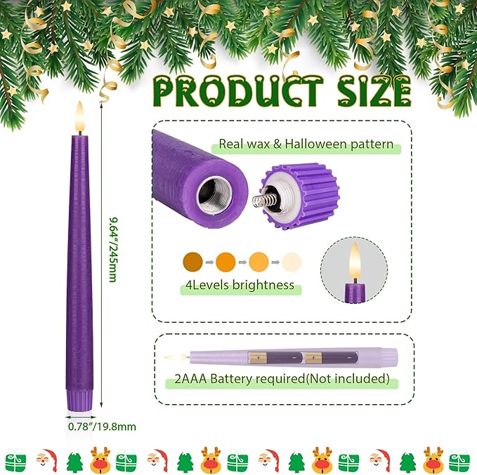 Purple Flameless Taper Candles with 3D Wick, 9.6" Real Wax LED Candles with Remote, 3 Pack Flickering Candlesticks Battery Operated, Classic Tall Taper Candle for Home, Wedding, Party