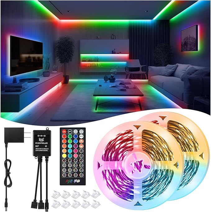LED Strip Lights 65.6Ft(2 Rolls of 32.8ft), Dimmable 5050 RGB Color Changing Lights Strip with 40 Key IR Remote Controllers, Self-Adhesive Flexible 12V Bright LED Tape Light Kit for Home Party Holiday