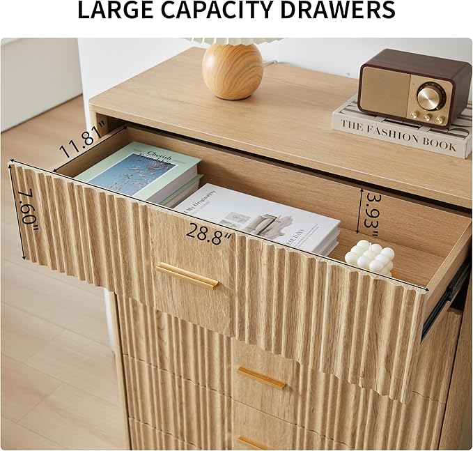 Fluted 5 Drawers Dresser for Bedroom, Wooden Tall Storage Dresser, Modern Chest of Drawers with Metal Handle, Curved Profile Wood Closet Clothes Storage Organizer for Living Room, Hallway, Natural