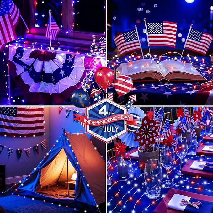 LAMPHOME Patriotic Fairy Lights Plug in, 33Ft 100 LEDs Waterproof Twinkle Firefly Lights, Adaptor Included Starry String Light for Independence Day Patriotic Holidays Decoration (Red, White & Blue)