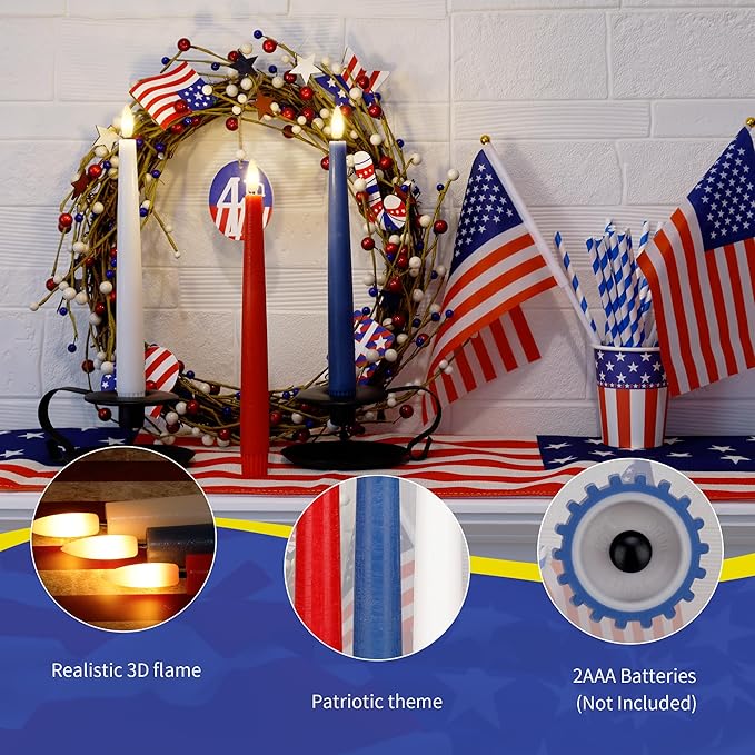 Patriotic Flameless Taper Candles With 3D Wick - 9.6" Real Wax Red White and Blue With Remote and Timer - 4th of July LED Battery Operated Fake Candles, 3 Pack