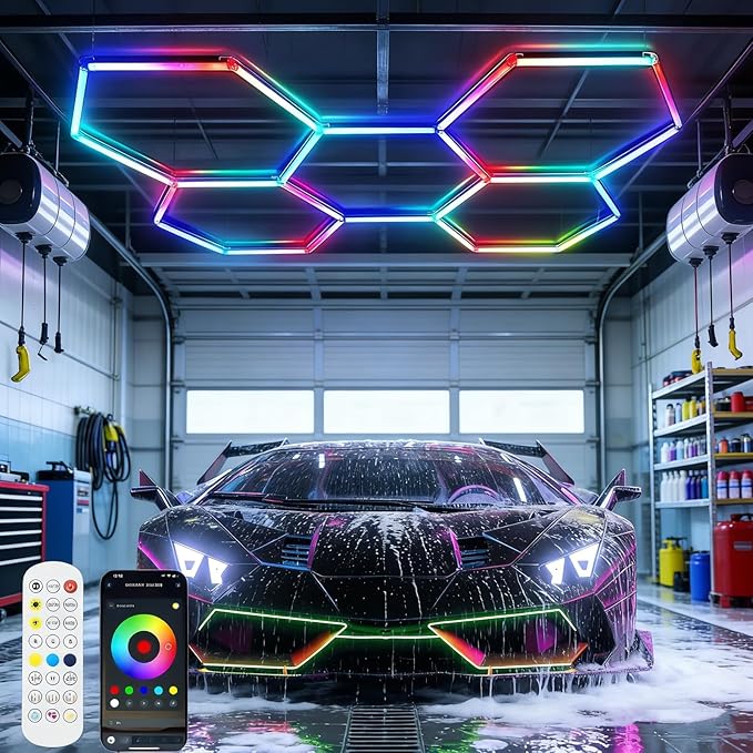 25 Pack RGB Hexagon Garage Light Kit, 5 Hex Panels with Music Sync, Color Changing LED Lighting, App & Remote Control, DIY Honeycomb Design for Garage, Gym, Workshop, Gaming Room
