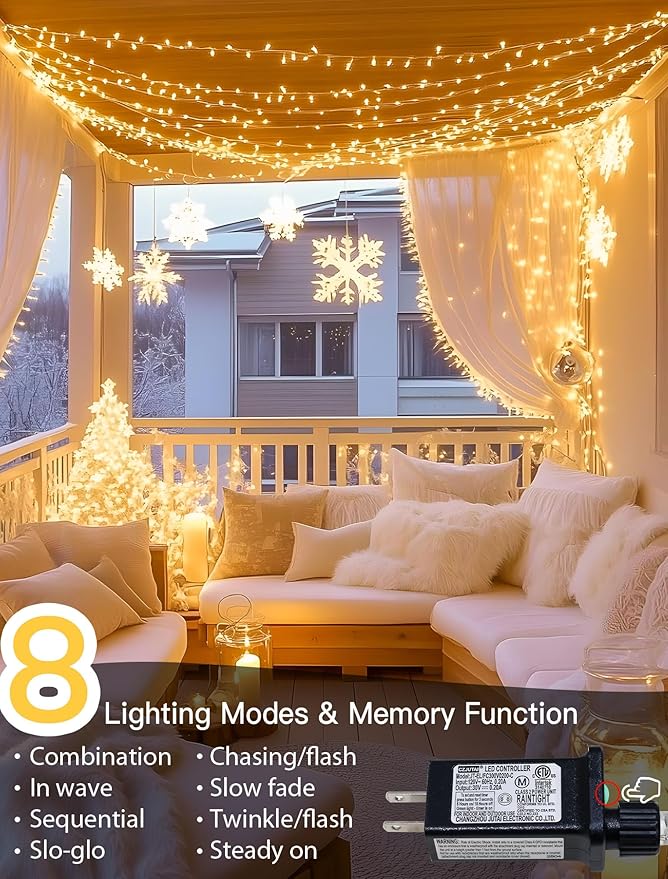 String Lights Indoor Bedroom, 98FT 200 LED Fairy String Lights Outdoor Waterproof, 8 Modes Memory Twinkle Christmas Light Plug in for Classroom Dorm Patio Tree Garden Decor (Warm White)