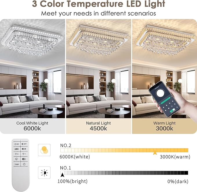 32 inch Crystal Flush Mount Chandelier, Modern Raindrop Crystal Silver Chandeliers with Remote and APP, 3 Colors Temp & Brightness Adjustable, Ceiling Light for Bedroom Hallway DiningRoom Living Room