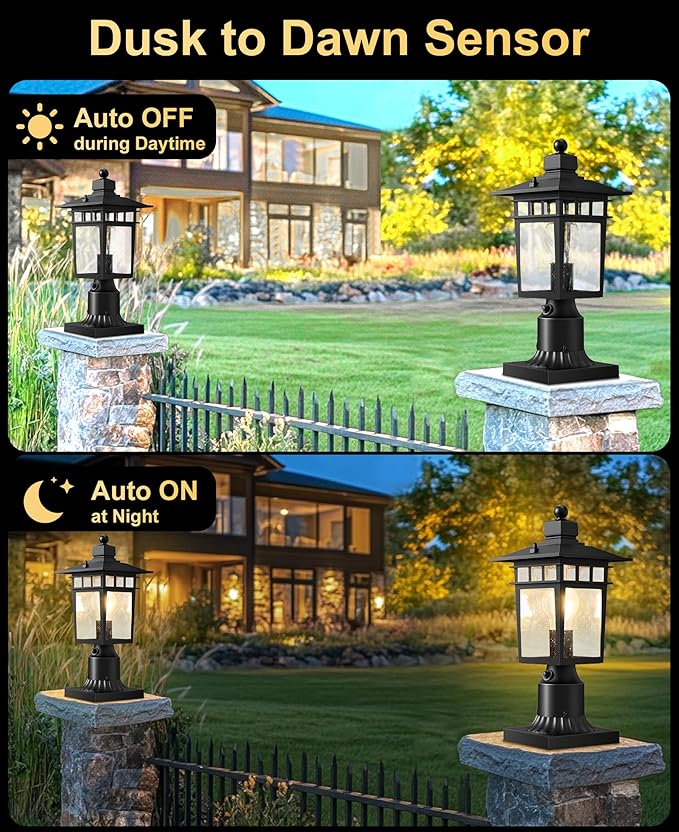 Dusk to Dawn Outdoor Post Lights,Black Waterproof Lamp Post Light Fixture, Aluminum Lamp Posts Outdoor Lighting Pole Lantern for Outside Yard Patio Pathway Garden Deck, Hard Wired,1-Pack