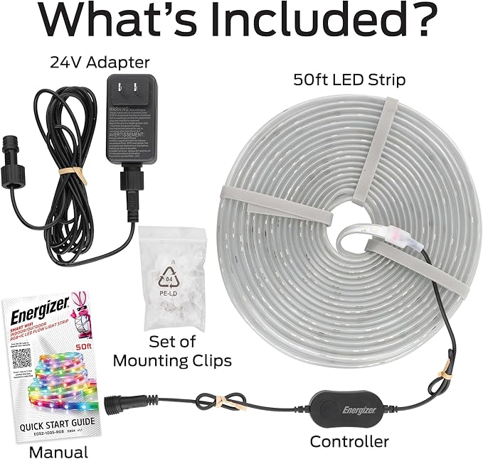 Energizer Smart Indoor & Outdoor RGB+IC+WW LED 50 Foot Light Strip, Sound Reactive, IP65 Waterproof, Remote Access App & Voice Control with Alexa, Siri, Google, Grouping, Scheduling, Wi-Fi No Hub