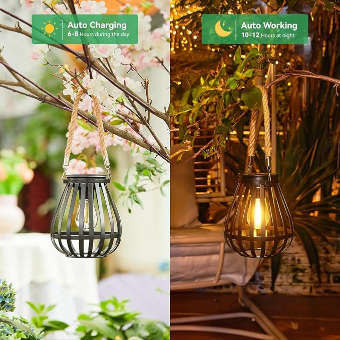 Solar Lanterns Outdoor Waterproof: Metal Hanging Lights for Outside with Rope for Garden, Yard, Patio, Porch, Balcony Decorations, Bright Hanging Solar Lantern Outdoor Decor Gifts for Women