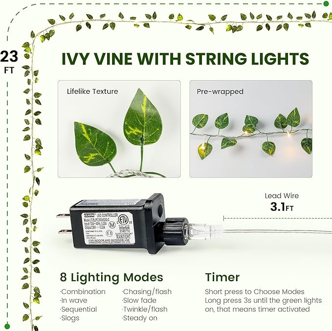 Vine String Lights Plug in, 23FT 73 LED Vines with Fairy Lights, Faux Pothos Leaf Garland with Light for Bedroom, Dorm Room, Wedding, Party & Home Decor, Warm White