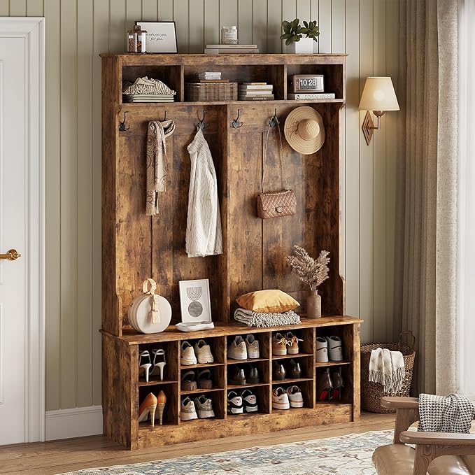 Hall Tree with Bench and Shoe Storage, 53" Farmhouse 4-in-1 Mudroom Storage Organizer with Coat Rack, 6 Hooks, 12 Shoe Cubbies, Adjustable Shelf, for Entryway, Hallway, Living Room, Brown