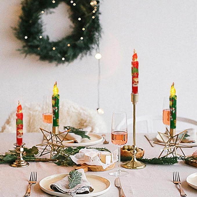 Christmas Flameless Short Taper Candles, Red Green LED Battery Operated with Remote, Flickering Flame Lights for Home Décor, 6.7 Inch Primitive Flameless Print Candles, 4PCS