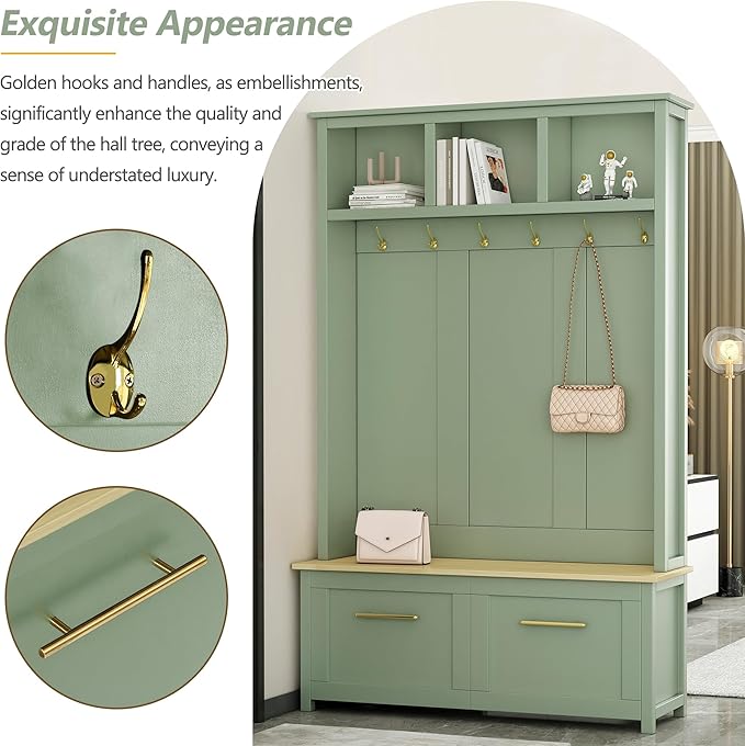 Merax Versatile 4-in-1 Hall Tree with 6 Golden Hooks, Wood Grain Bench with Multiple Storage Space, Entryway Coat Rack with 2 Drawers for Living Room, Hallway, Mint Green